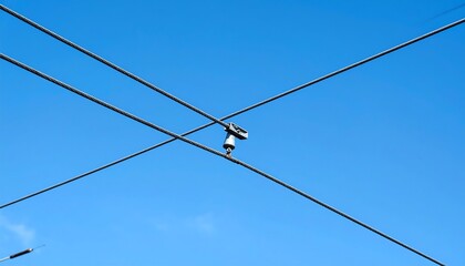 Overhead trolley wires intersect against a clear blue sky
