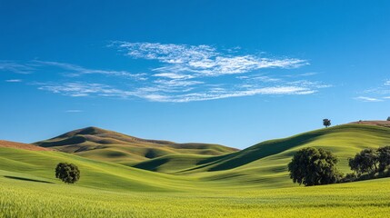 Obraz premium Rolling green hills under a bright blue sky. Verdant landscape with scattered trees and gentle contours. Pastoral scenery, idyllic and serene.