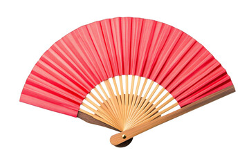 Photo of a vibrant red folding hand fan made of paper and bamboo, isolated on a transparent background