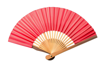 Photo of a vibrant red folding hand fan made of paper and bamboo, isolated on a transparent background