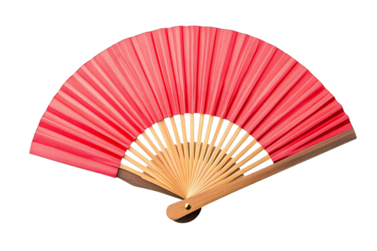 Photo of a vibrant red folding hand fan made of paper and bamboo, isolated on a transparent background