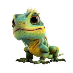 Obraz premium Colorful cartoon lizard with large eyes and vibrant scales poses playfully against a white background