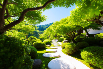 Stylized winding stone path through Japanese garden