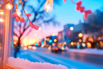 Winter city window scene with snow and string lights