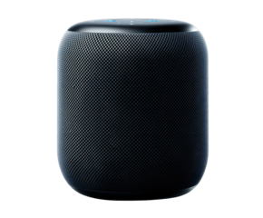 Photo of a sleek black smart speaker with a textured mesh design, offering highfidelity audio and voicecontrolled smart home technology for modern entertainment isolated on transparent background
