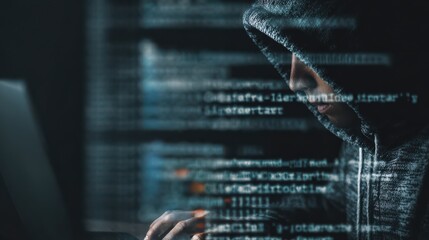 Hacker programmer using computer with abstract html code. Safety and programming concept. Double exposure, no logos, no brands
