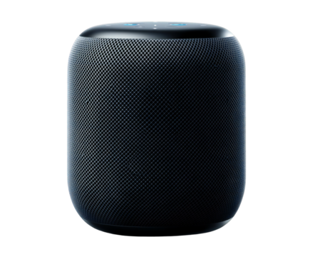 Photo of a sleek black smart speaker with a textured mesh design, offering highfidelity audio and voicecontrolled smart home technology for modern entertainment isolated on transparent background