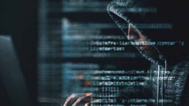 Hacker programmer using computer with abstract html code. Safety and programming concept. Double exposure, no logos, no brands