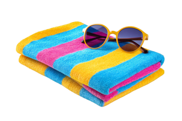 Photo of a colorful striped beach towel folded neatly with stylish sunglasses resting on top, isolated on a transparent background