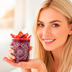  Blonde Woman with Freckles Enjoying Açaí with Spoon