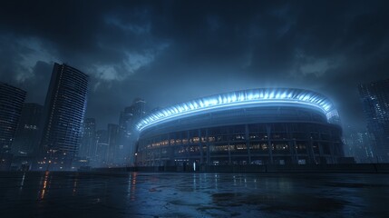 Obraz premium Night View of a Modern Stadium: Illuminated stadium shines against a dramatic, cloudy cityscape, creating a striking urban vista.