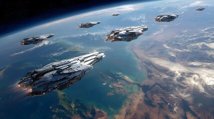 Birds eye view of realistic starship fleet orbiting a distant Earth like planet with ocean and landmasses visible metallic ship details reflecting sunlight natural atmospheric scattering and shadows