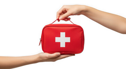 A red first aid kit is passed between two hands isolated on transparent background