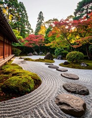Fototapeta premium japanese zen garden with raked gravel patterns and moss-covered stones, soft natural light emphasizing tranquility, minimal design for peaceful meditation and contemplative landscapes