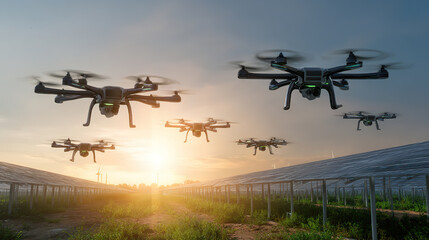 Surveillance drones monitoring agricultural fields during sunset in a rural area