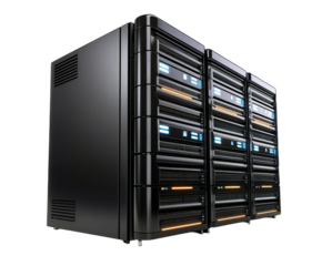 Photo of a row of modern black server racks with glowing blue and orange lights, representing data processing and technology infrastructure isolated on transparent background