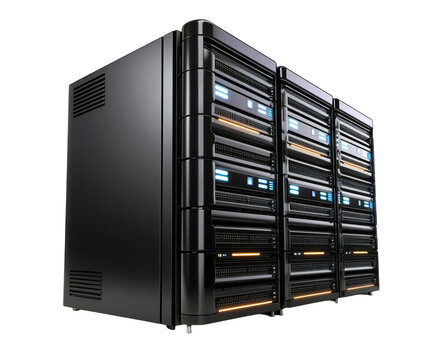 Photo of a row of modern black server racks with glowing blue and orange lights, representing data processing and technology infrastructure isolated on transparent background