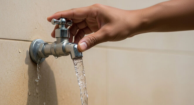 A hand turns on a silver faucet, releasing a stream of clear water. The background features a light-colored wall, emphasizing the action of water flow.