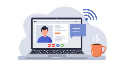 Laptop displaying video call with coffee and wifi icon on a transparent background