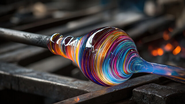 Molten glass blowing with colorful swirling patterns - Powered by Adobe