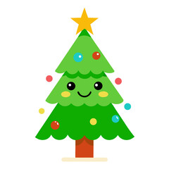 Cute cartoon christmas tree with a happy face and colorful lights decorated with a star on top isolated on transparent background