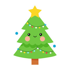 Cute kawaii christmas tree with festive lights and a yellow star on top isolated on transparent background