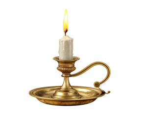 Photo of a single lit candle in an ornate brass candlestick holder, isolated on a plain transparent background, casting a warm and inviting glow