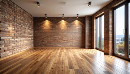 Obraz premium Minimalist loft interior with rustic charm—exposed brick walls meet pale wooden flooring, while large sunlit windows add warmth and openness. A pair of industrial-style ceiling lights contrasts the na