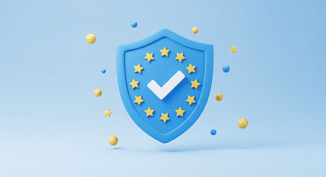 GDPR and Data Protection: A 3D Illustration of a Shield with a Checkmark and a Circle of European Union Stars on a Light Blue Background - Powered by Adobe