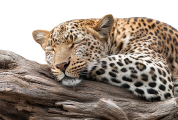 Fototapeta premium Leopard sleeping on tree trunk isolated transparent background 