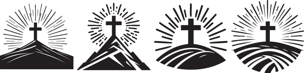 Christian Cross Symbol With Light Rays On Top Of Hills Faith Hope Symbol