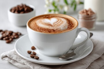 Fototapeta premium Cappuccino in white ceramic mug, heart-shaped latte art adorning surface, sitting on matching saucer with silver spoon, scattered coffee beans nearby, soft-focused background