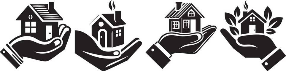 Four hands gently holding houses symbolizing property care and protection