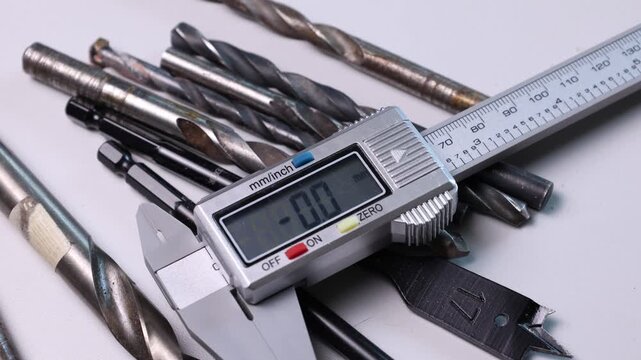 Measuring drill bits and tools with digital caliper for precise dimensions in metalworking tasks