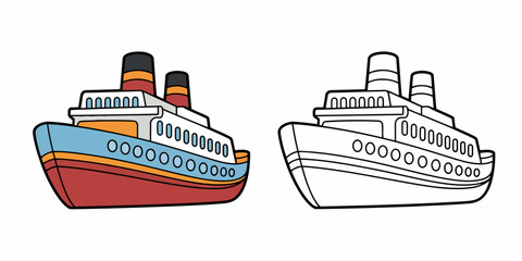 Obraz premium Red blue orange cruise ship with smokestacks transportation