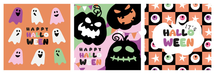 Obraz premium it's halloween square set of cards, posters, invitation, seamless pattern checkered, autumn eve template vector illustration