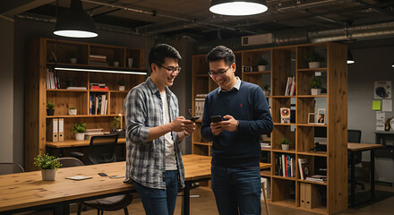 Two cheerful Asian colleagues sharing information on their smartphones, enjoying a friendly conversation in a modern office.