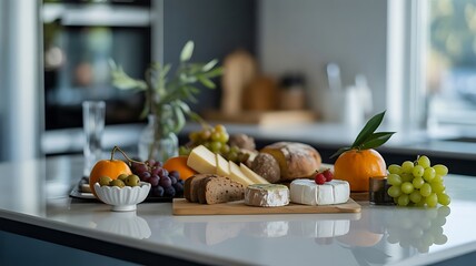 A delicious and appetizing cheese and fruit platter artfully arranged on a kitchen countertop for a gathering