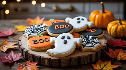 Obraz premium Festive halloween cookies featuring ghosts spiders webs pumpkins and boo decorations arranged on a wooden slice surrounded by autumn leaves and warm lights