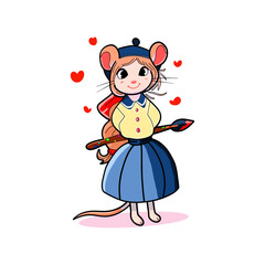 Cute Mouse Girl Artist with Paintbrush illustration