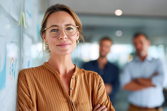 Female sales manager presents strategic ideas to an engaged team in a modern office setting - Powered by Adobe