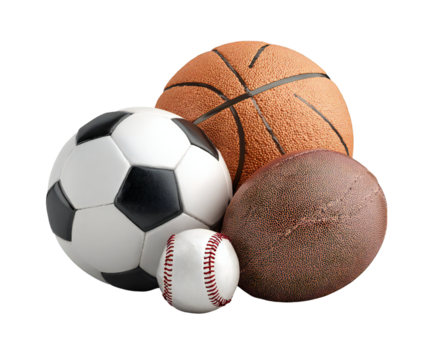 Photo of a collection of assorted sports balls including soccer, basketball, baseball, and a rugby ball, symbolizing athletic competition, isolated on white isolated on transparent background - Powered by Adobe