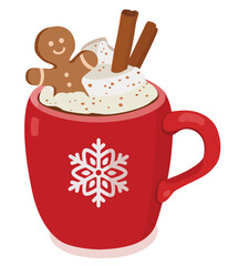 xmas cup of coffee, hot chocolate with gingerbread man cookie. Christmas drink.