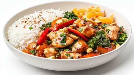 Colorful Plate of Chicken Stir-Fry with Vegetables and Rice