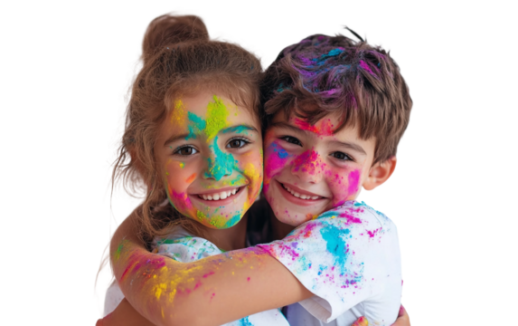 Portrait of joyful siblings hugging each other with love and laughter in warm atmosphere isolated on transparent background PNG