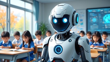 Robot teacher in a classroom with attentive students learning about technology