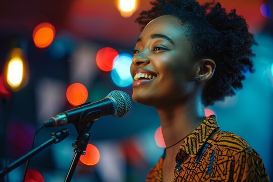 Young talented artist singing with microphone on stage with bokeh lights