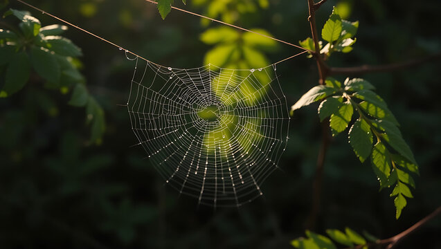 A spiderweb glistening with dew drops hanging between branches in a lush green forest setting