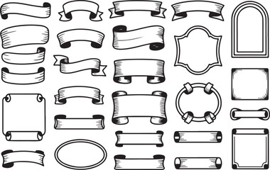 Collection of decorative black and white banners and frames ribbon scroll