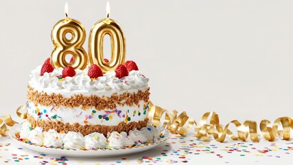 Festive 80th birthday cake with strawberries, golden candles, whipped cream and colorful confetti decor